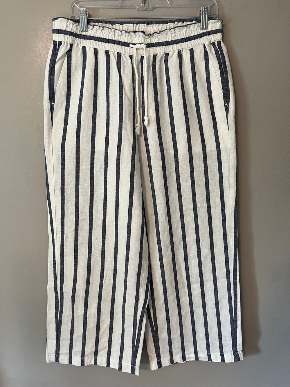 J. Crew Factory striped Linen/Cotton wide leg Paperbag Cropped Pants